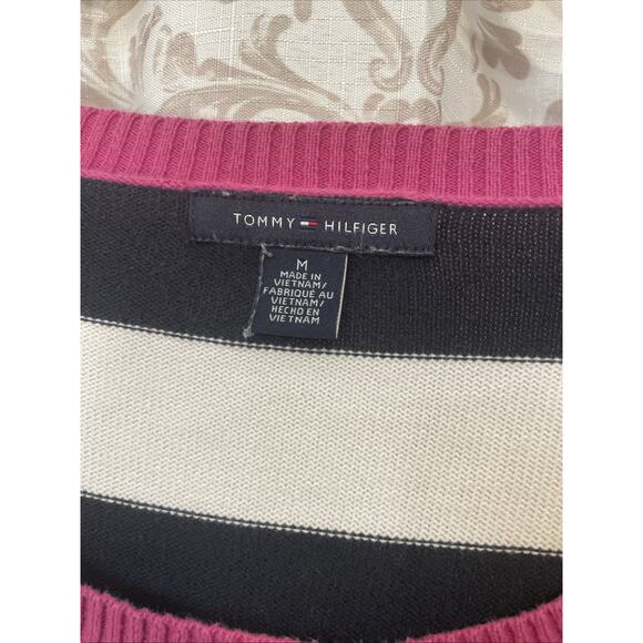 Tommy Hilfiger - Nautical Navy Stripped Sweater - Pink Trim & Button Accents - M - Picture 2 of 6